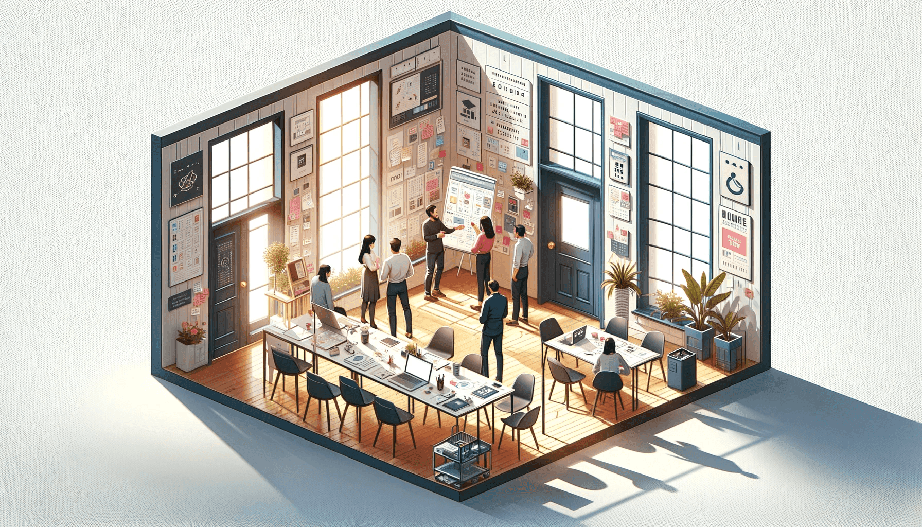 DALL·E 2024-01-18 16.58.20 - An isometric perspective image of an intimate creative design thinking workshop in a small room without any tables. The room is designed for a focused.png